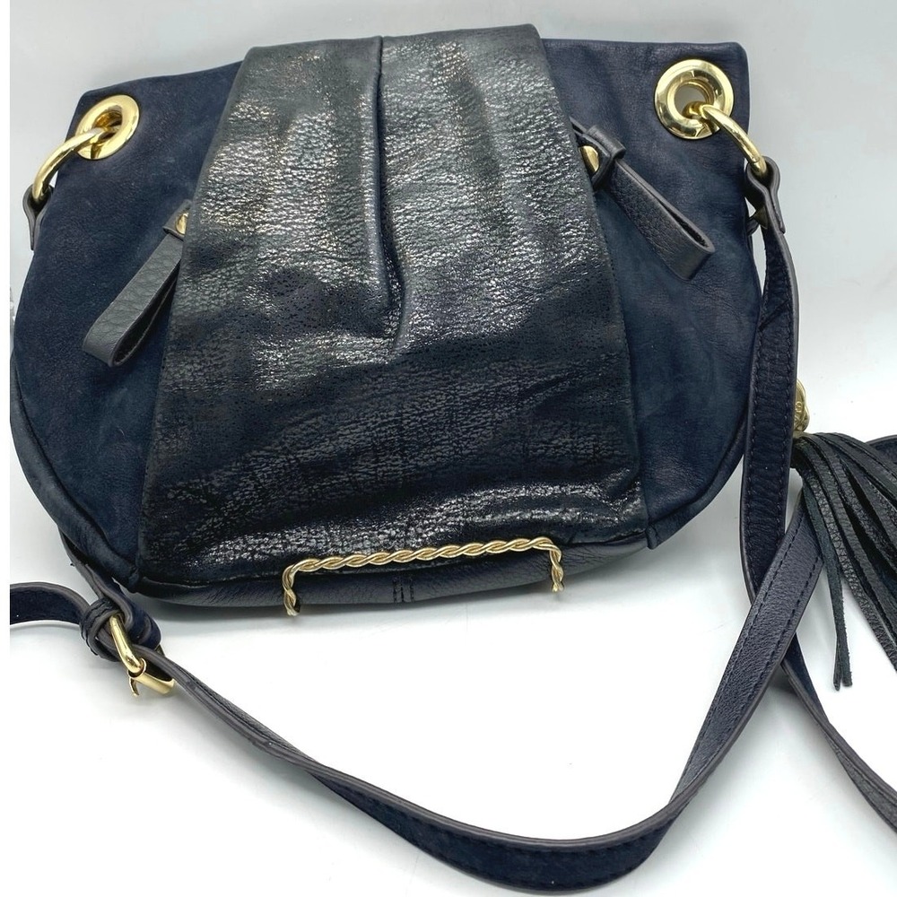 Vince Camuto Crossbody Handbag Navy Blue Suede Tassel Genuine Leather boho